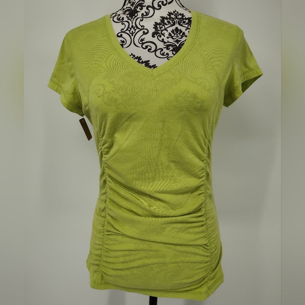 Tek Gear Light Green V-Neck Ruched Short Sleeve Fitted Top Size Women's Medium